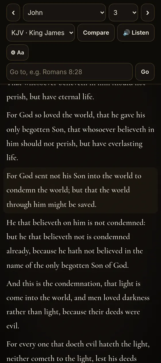 App screenshot: reading without verse numbers