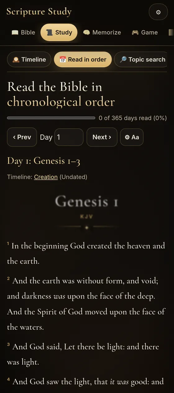 App screenshot: reading in chronological order