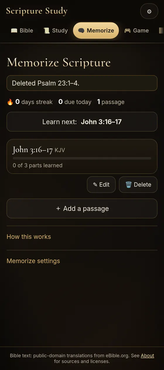 App screenshot: memorize