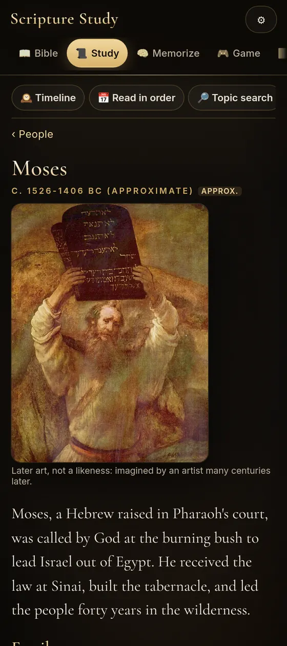 App screenshot: biography of Moses
