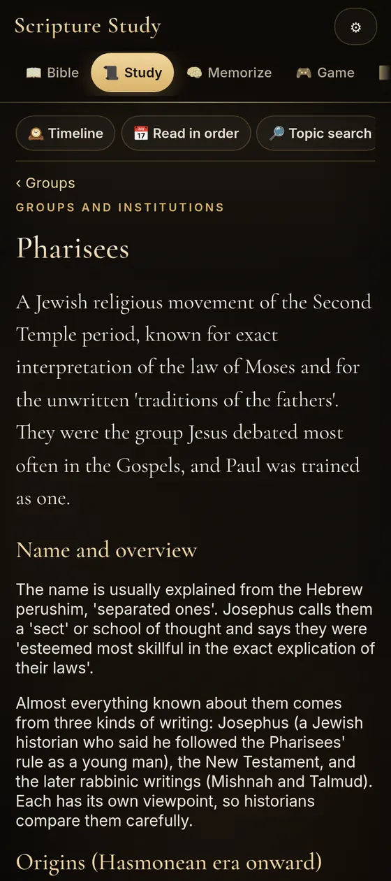 App screenshot: the Pharisees entry