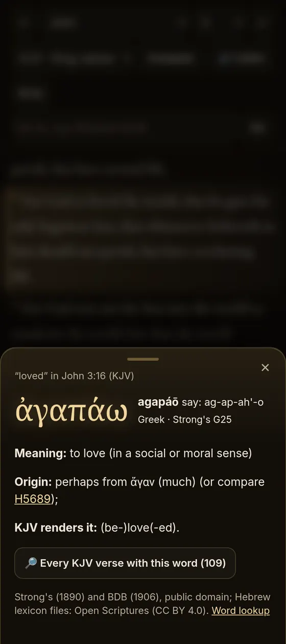 App screenshot: tap-a-word popup